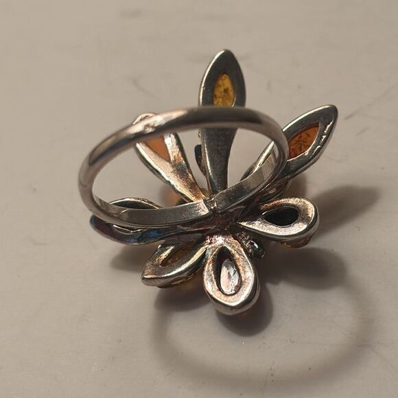 Sterling Silver Baltic Amber Floral Sunburst Multi Stone Cocktail Statement Ring - Picture 5 of 5